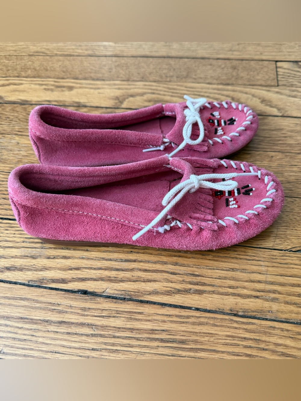 Minnetonka Pink Suede Kids Moccasins - Size 2